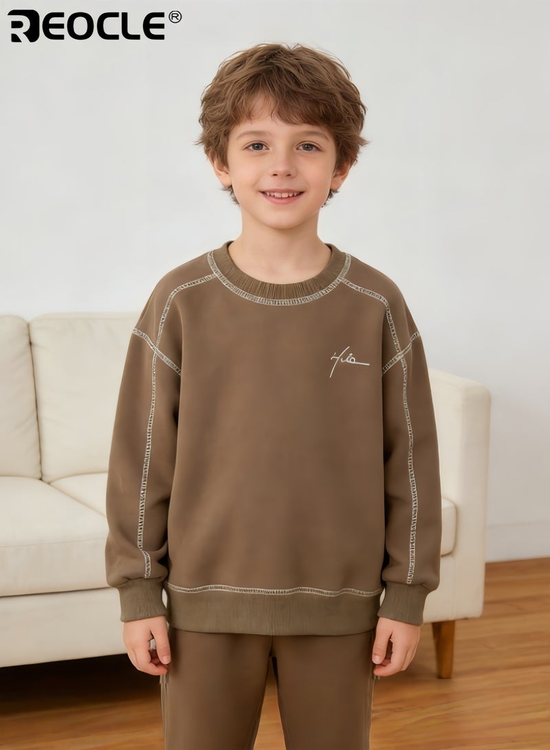 ريوكل سُترة قطنية للأطفال بتصميم ذو أكمام طويلة وميزات عنق دائري، قمة فضفاضة للأطفال مع راحة ربيع وخريف للارتداء غير الرسمي. - Image 1